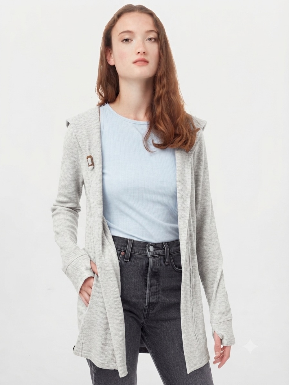 Tentree Cotton Waffle Knit Hooded Open Front Cardigan Light Gray XL/Thumbholes⁠